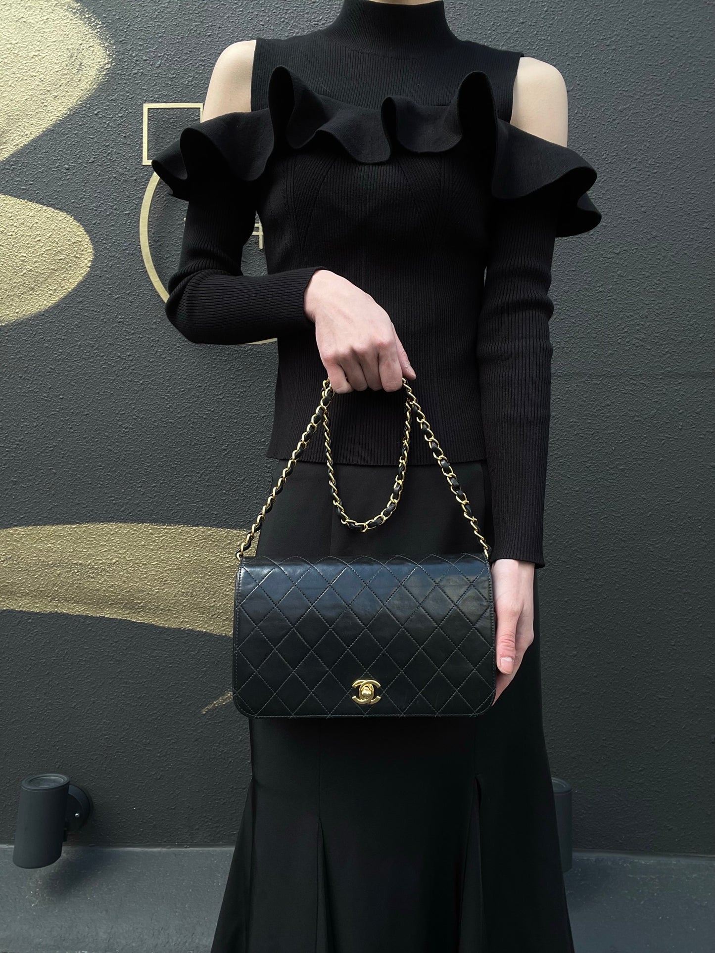 Chanel Black Lambskin Matelasse Single Chain Shoulder Bag CF with Gold Hardware, with Box and Dust Bag