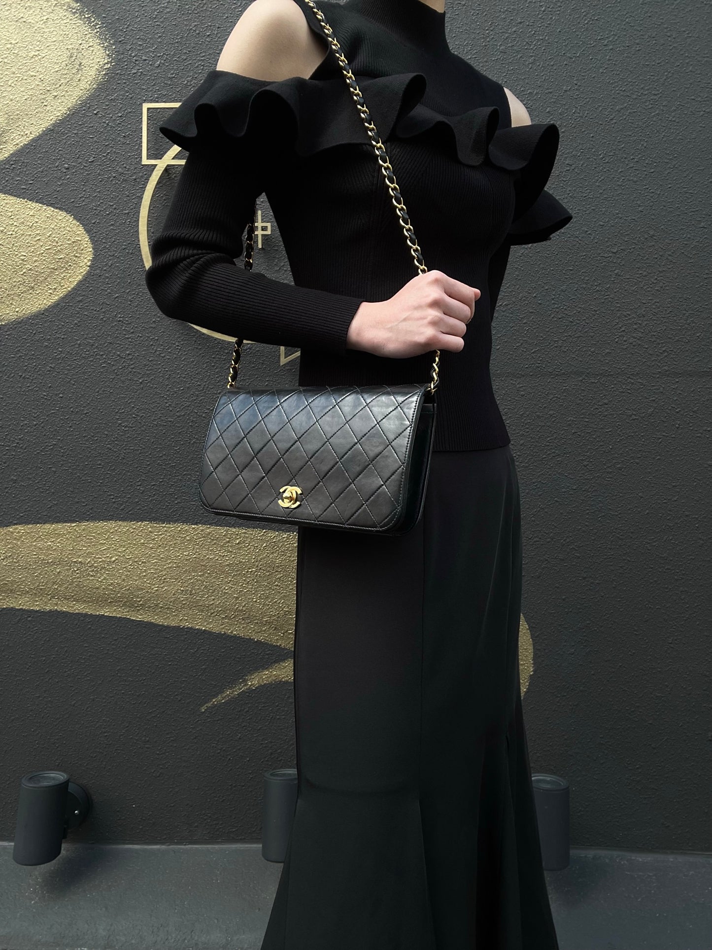 Chanel Black Lambskin Matelasse Single Chain Shoulder Bag CF with Gold Hardware, with Box and Dust Bag