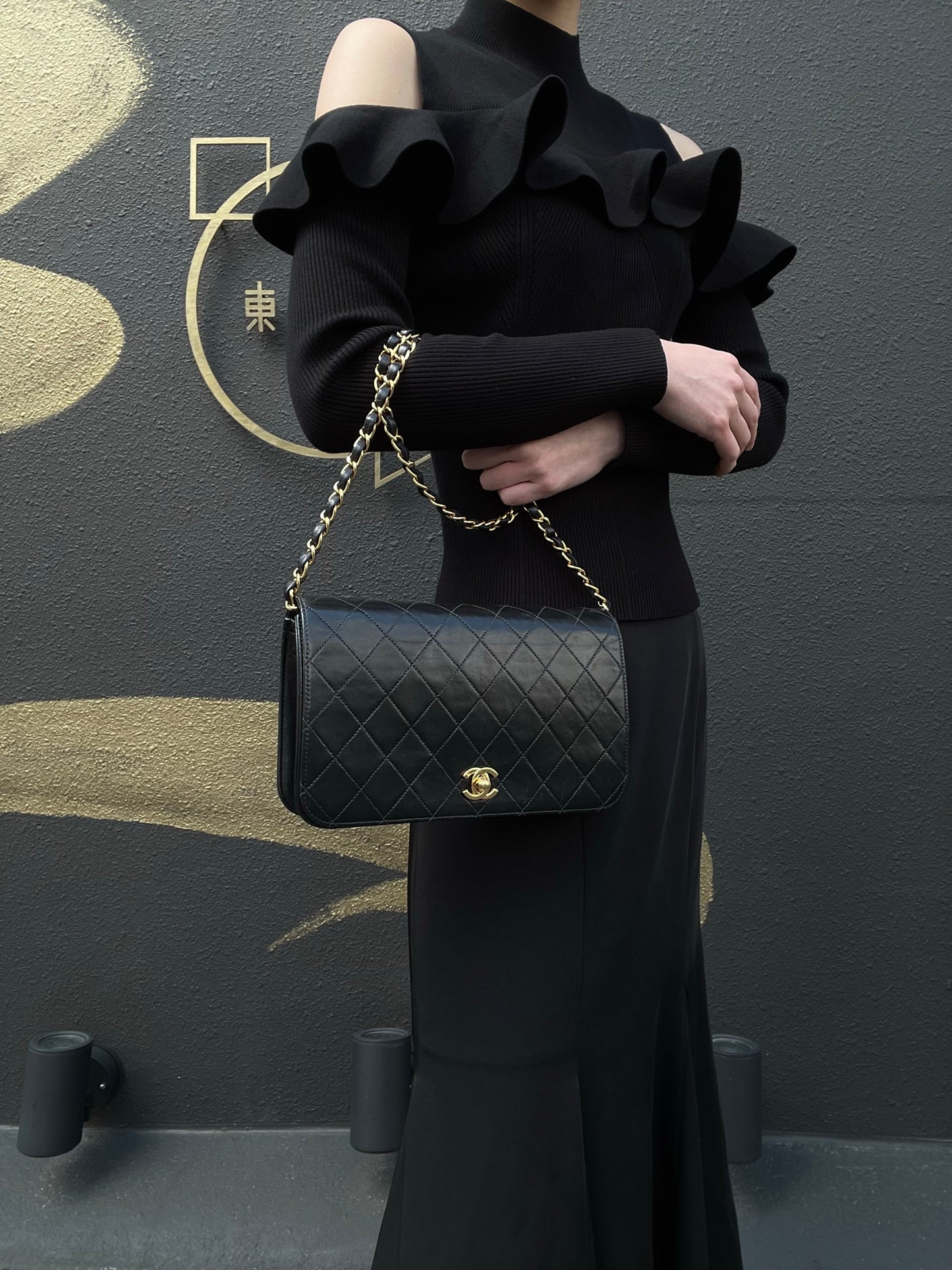 Chanel Black Lambskin Matelasse Single Chain Shoulder Bag CF with Gold Hardware, with Box and Dust Bag