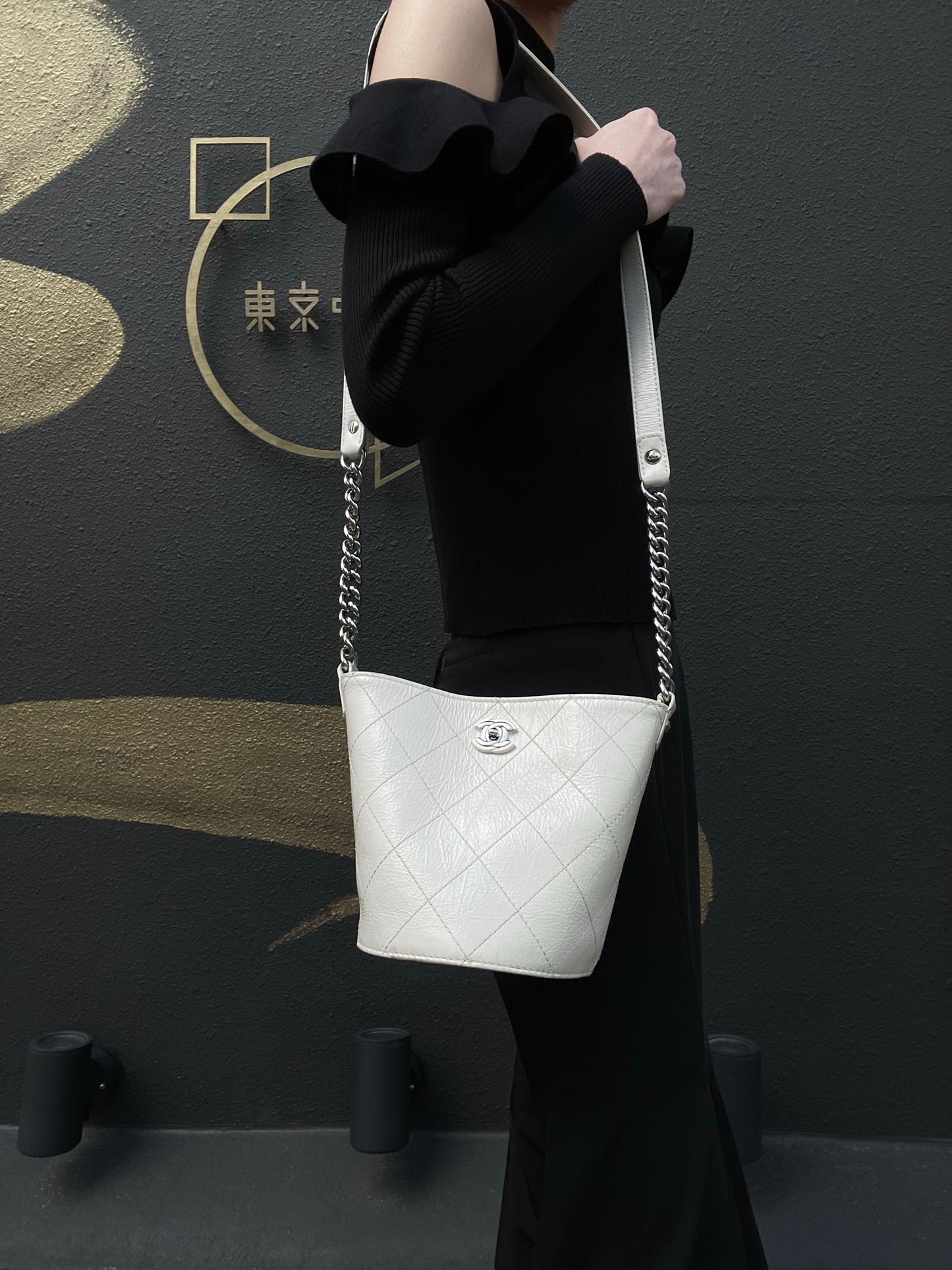 CHANEL White Caviar Leather Quilted Bucket Crossbody Bag with Silver Hardware