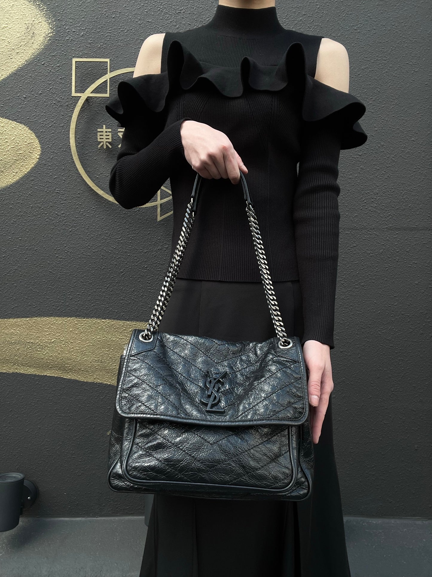 YSL NIKI Shoulder Bag, Black Oil Wax Leather, Crossbody Bag