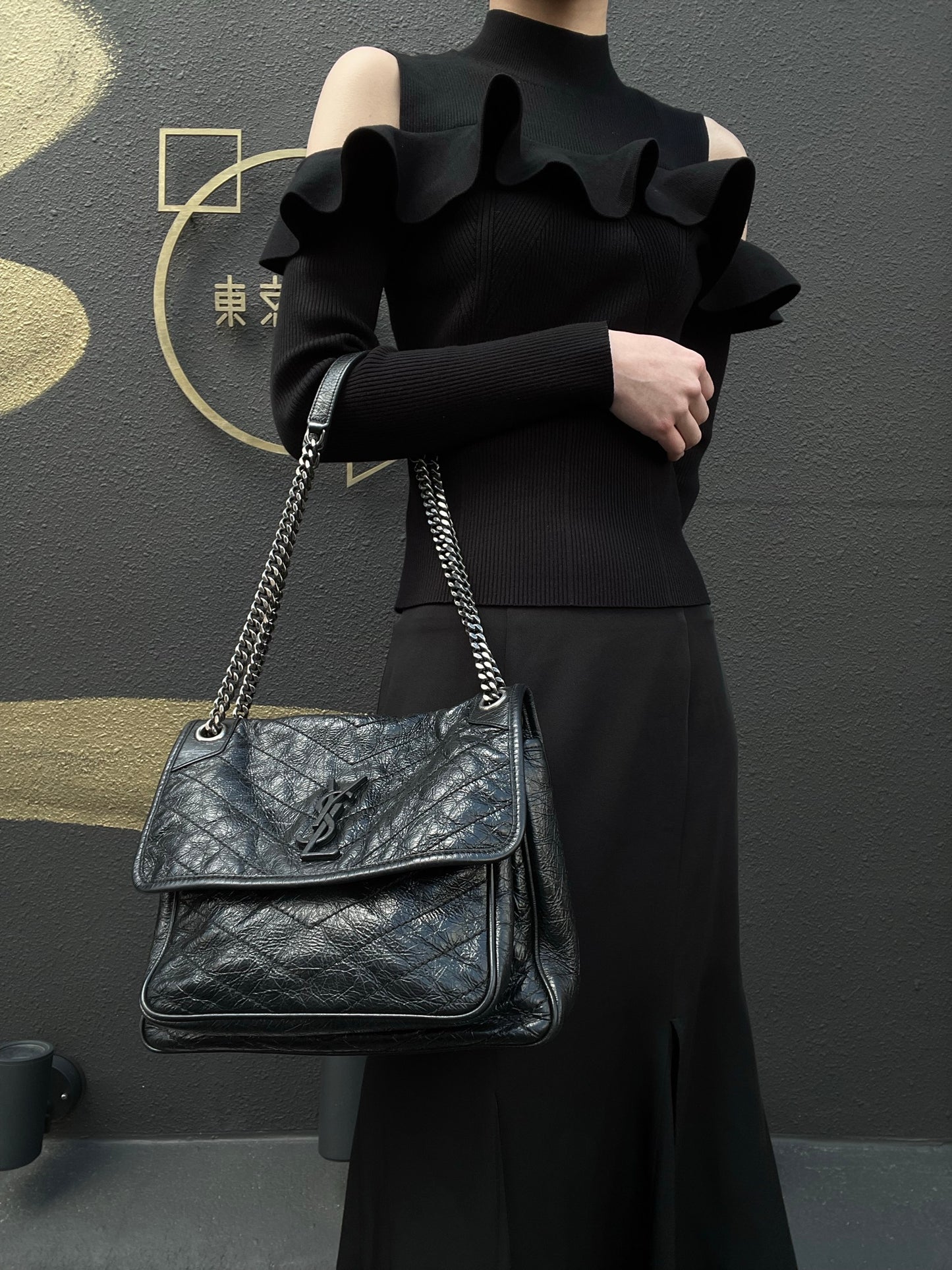 YSL NIKI Shoulder Bag, Black Oil Wax Leather, Crossbody Bag