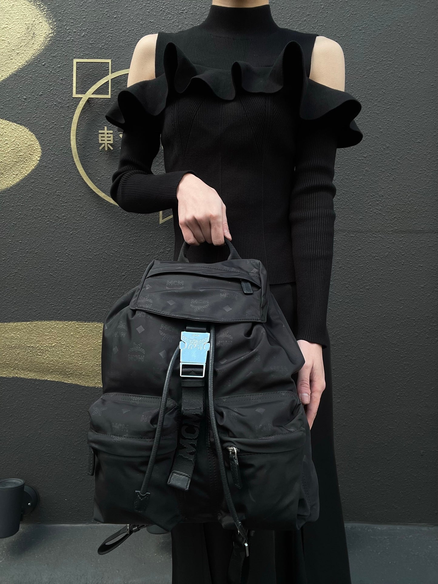 MCM Backpack, Nylon, Black, Printed Pattern