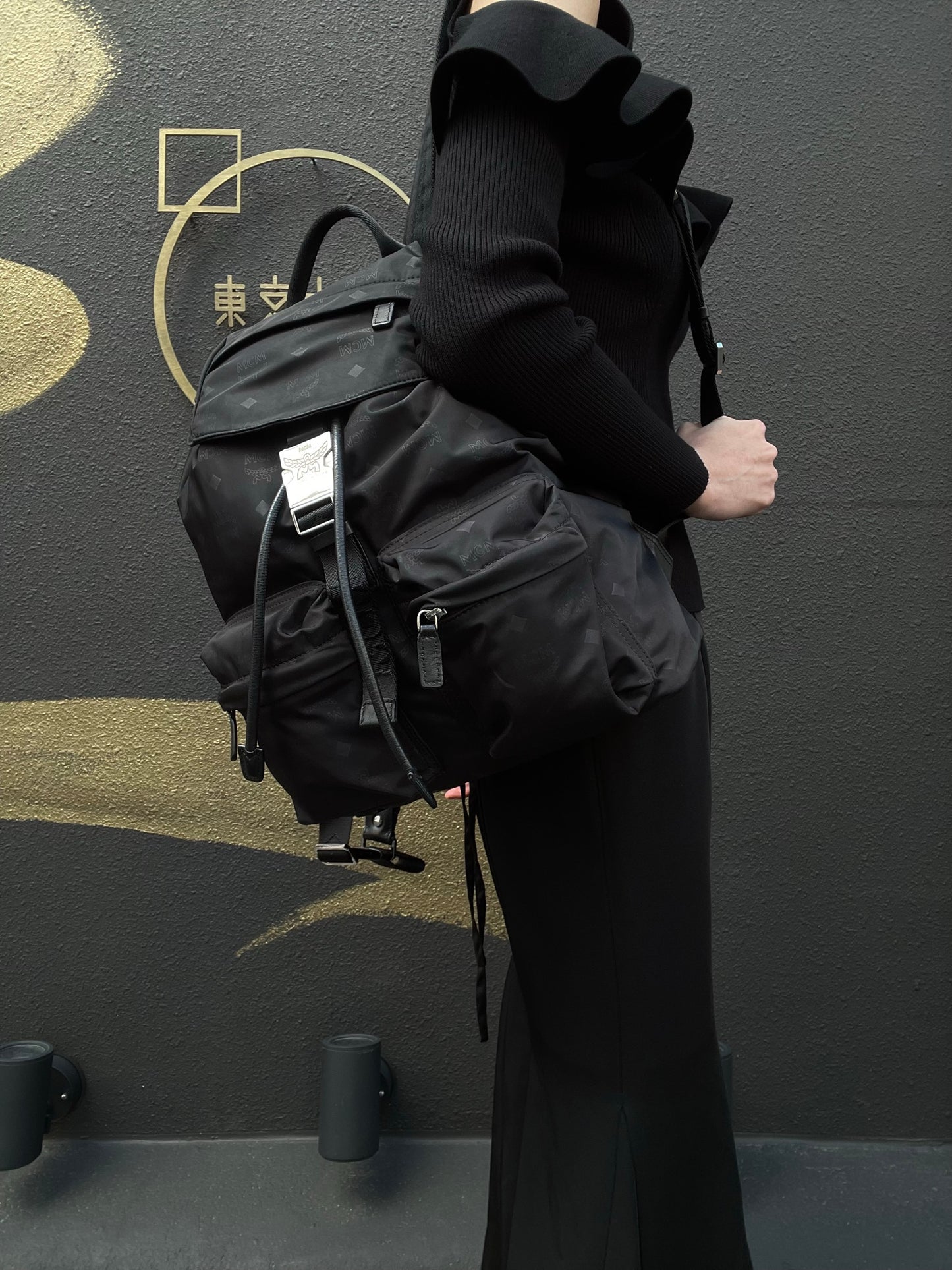 MCM Backpack, Nylon, Black, Printed Pattern