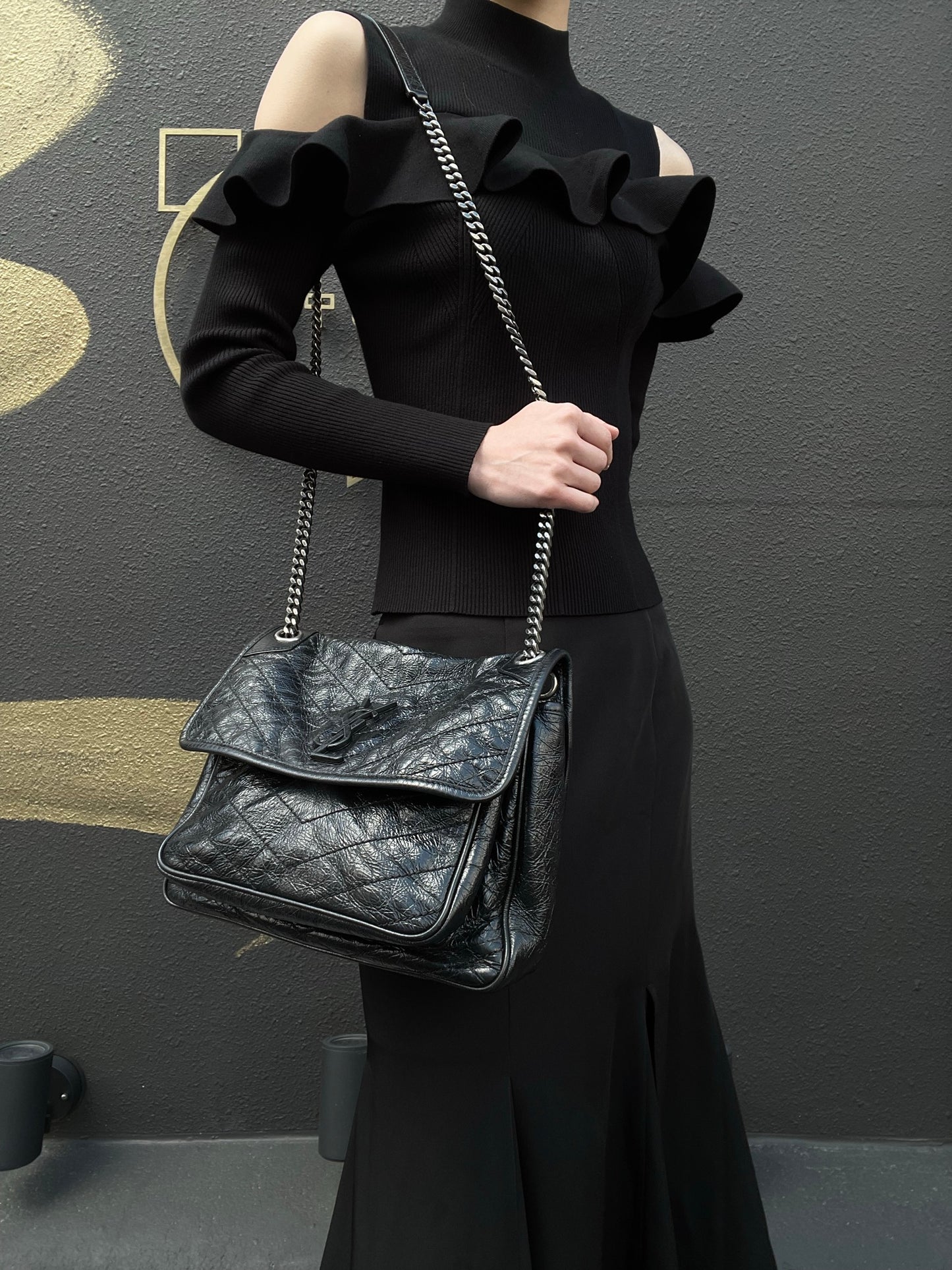 YSL NIKI Shoulder Bag, Black Oil Wax Leather, Crossbody Bag