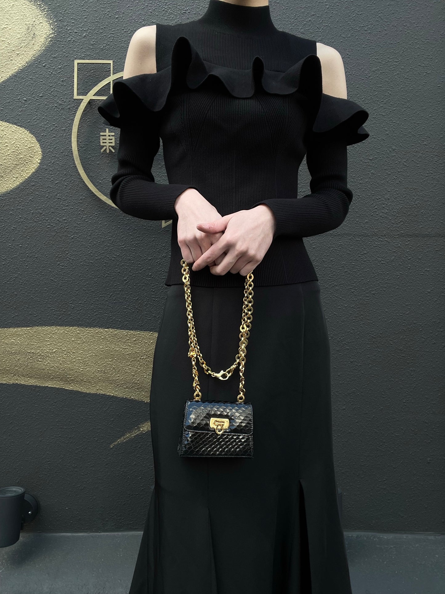 FERRAGAMO Gancini Chain Shoulder Bag, Black Python with Gold Hardware