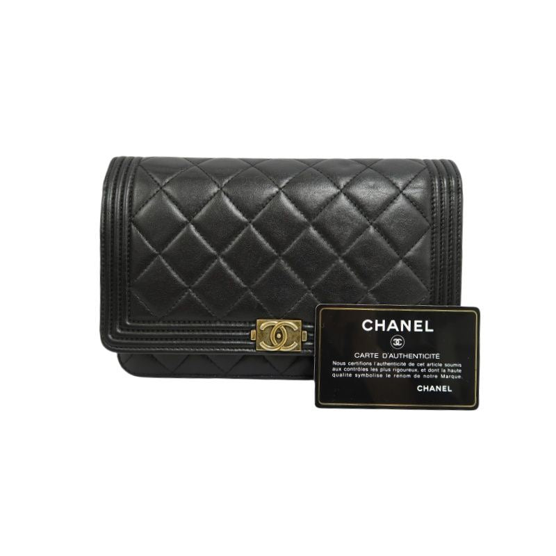 CHANEL Boy Quilted Shoulder Bag, Lambskin, Black, Gold-Tone Hardware, With Guarantee Card