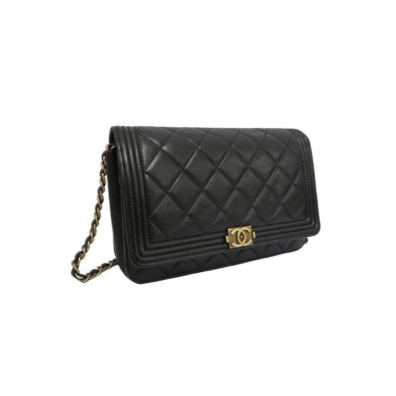 CHANEL Boy Quilted Shoulder Bag, Lambskin, Black, Gold-Tone Hardware, With Guarantee Card