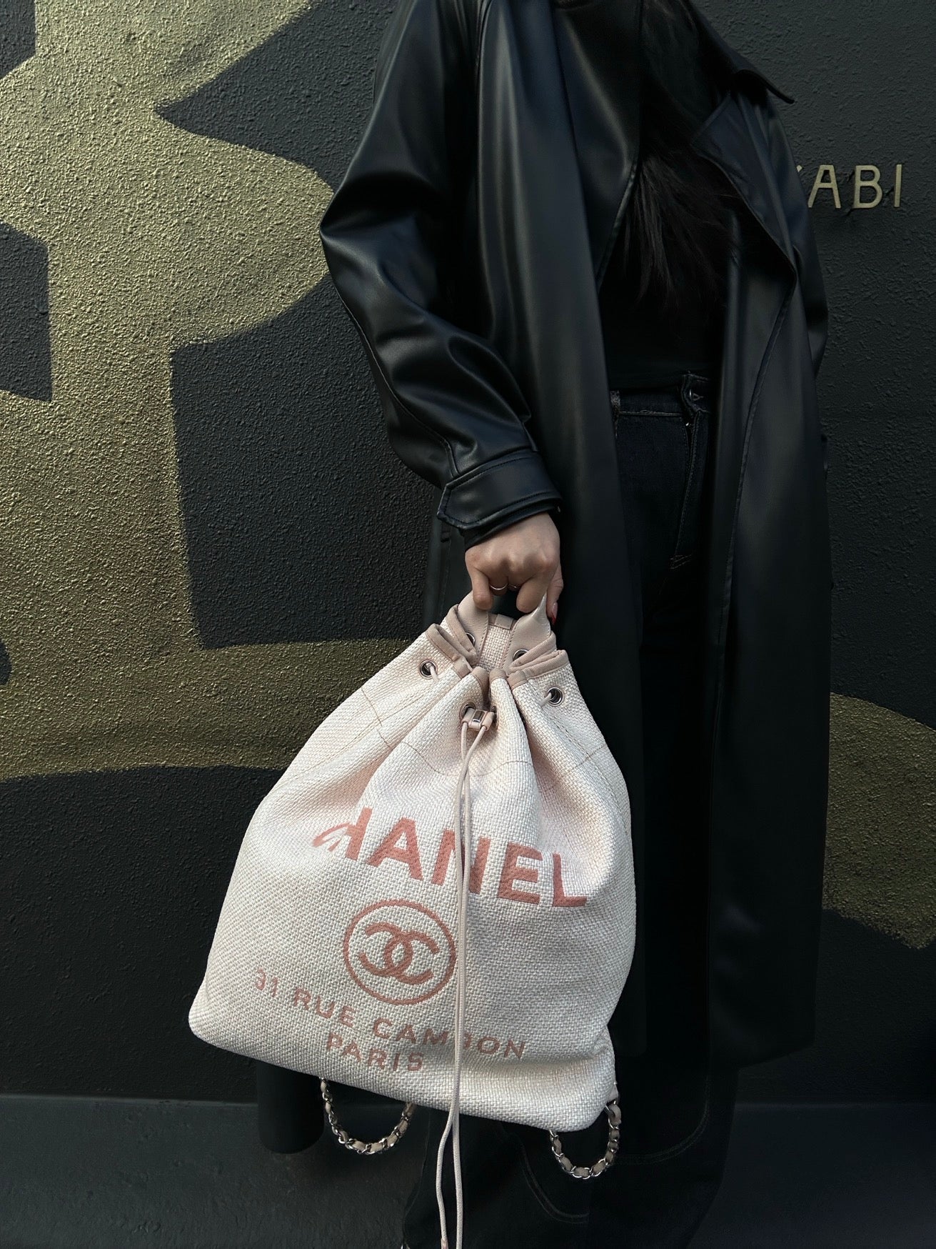 CHANEL Deauville Backpack Drawstring, Pink Canvas, Authenticity Card Included
