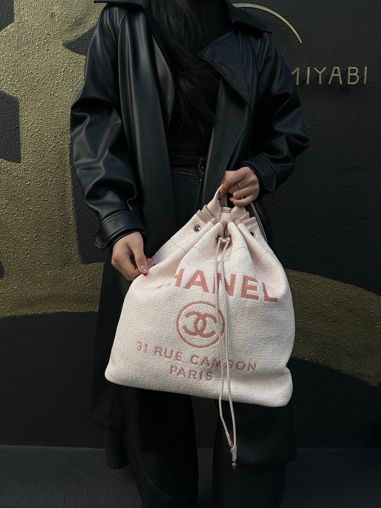 CHANEL Deauville Backpack Drawstring, Pink Canvas, Authenticity Card Included