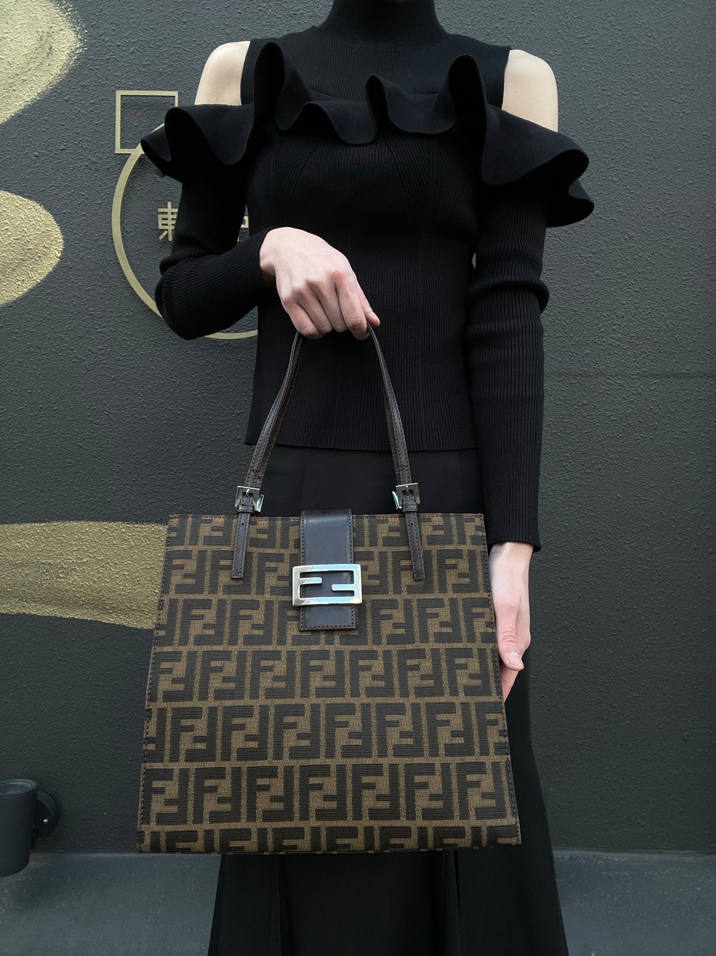 FENDI Zucca Tote Bag, Canvas Brown with Silver Hardware