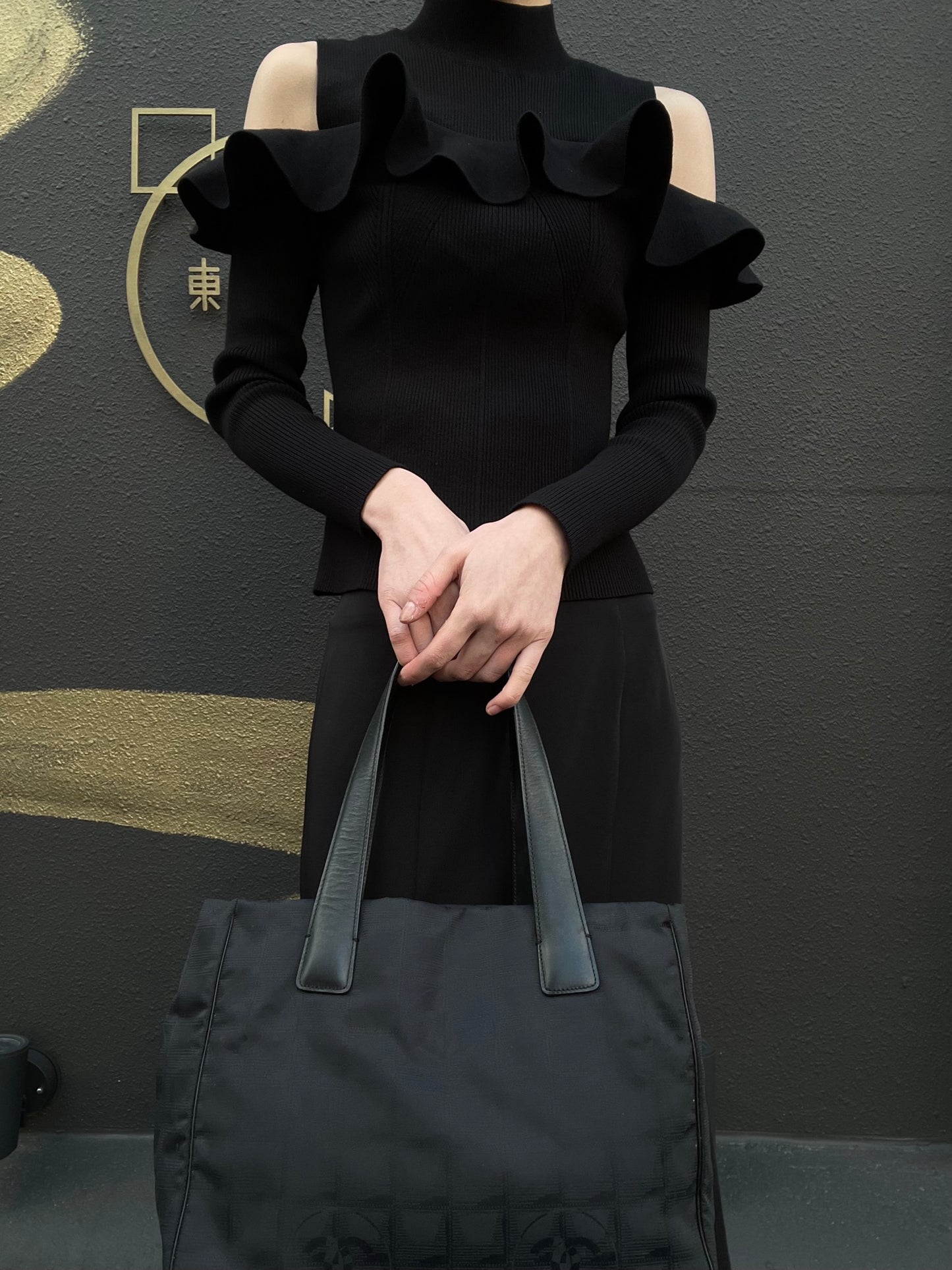 CHANEL New Travel Line Tote GM, Black Nylon with Gold Hardware, with Authenticity Card, Black Canvas Ice Cube Shoulder Bag