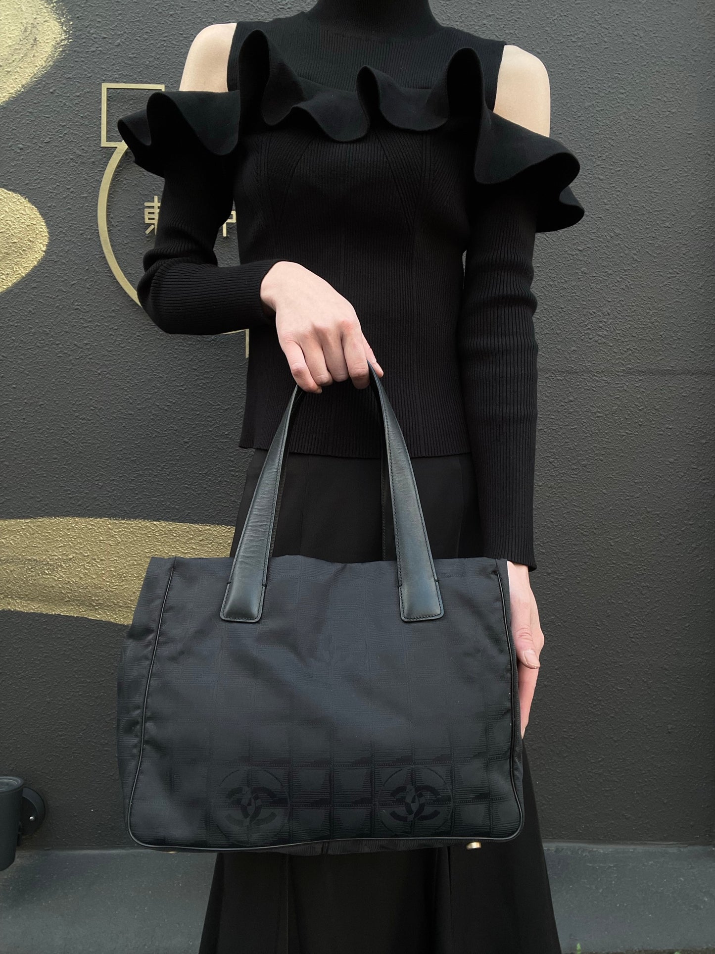 CHANEL New Travel Line Tote GM, Black Nylon with Gold Hardware, with Authenticity Card, Black Canvas Ice Cube Shoulder Bag