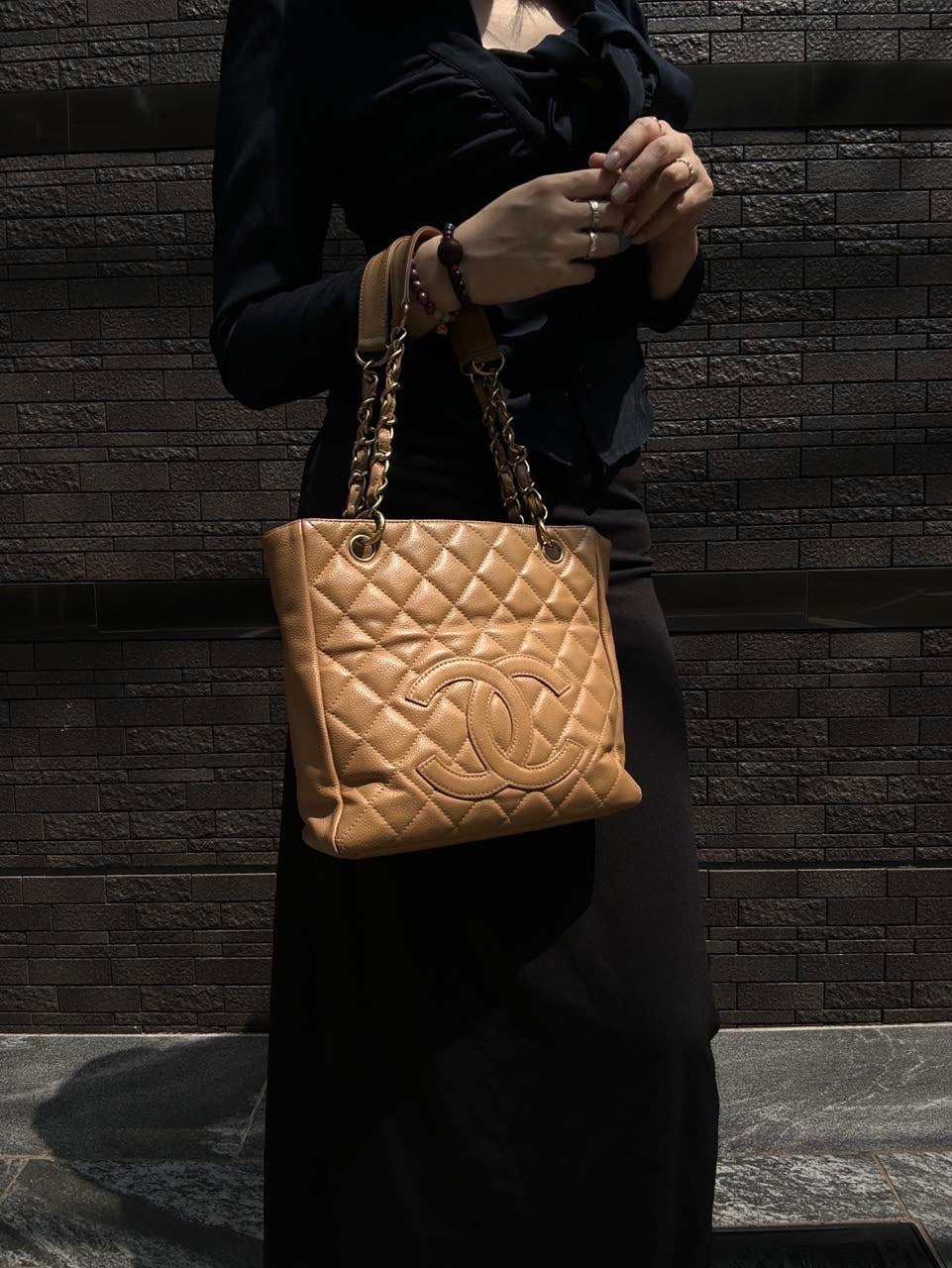 CHANEL Quilted GST Tote Bag, Caviar Leather, Milk Tea Beige, Gold-Tone Hardware, With Guarantee Card