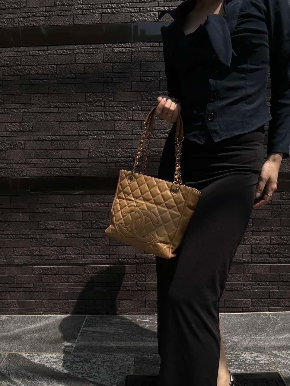 CHANEL Quilted GST Tote Bag, Caviar Leather, Milk Tea Beige, Gold-Tone Hardware, With Guarantee Card