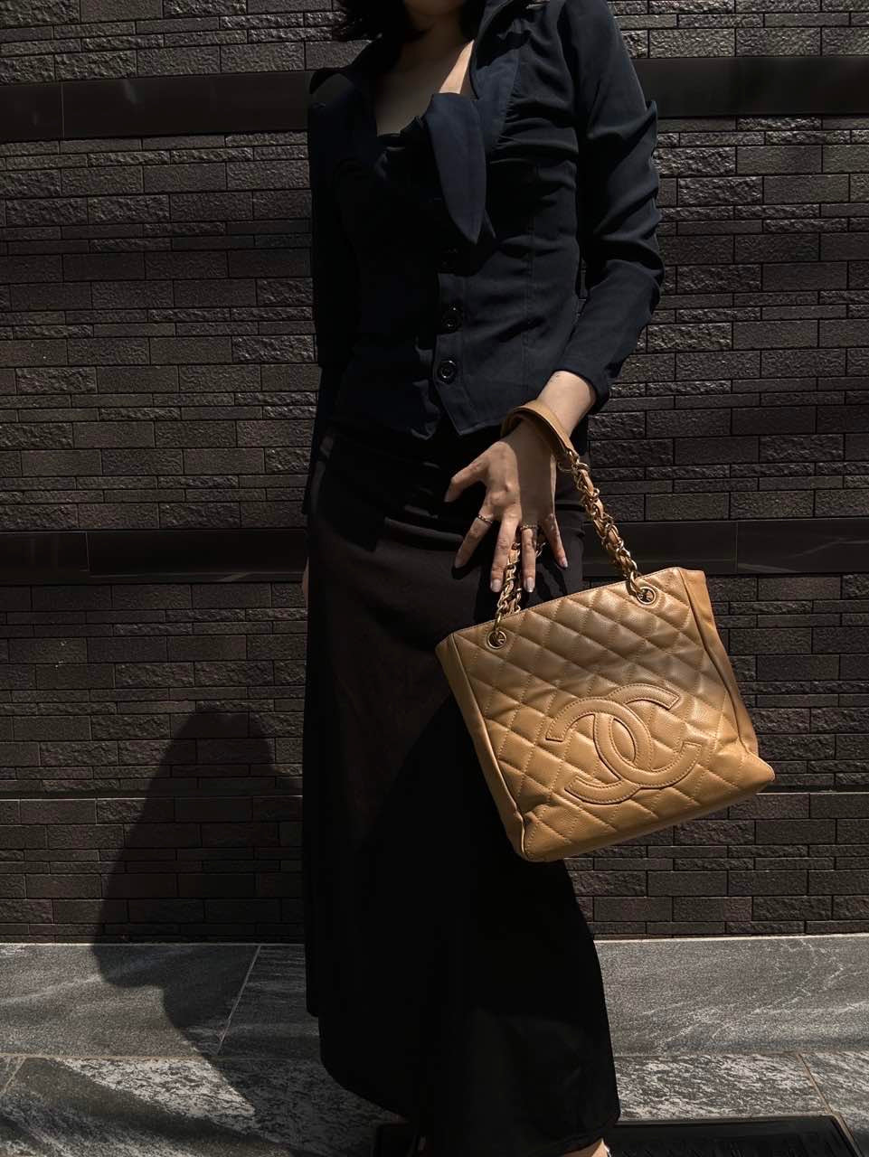CHANEL Quilted GST Tote Bag, Caviar Leather, Milk Tea Beige, Gold-Tone Hardware, With Guarantee Card