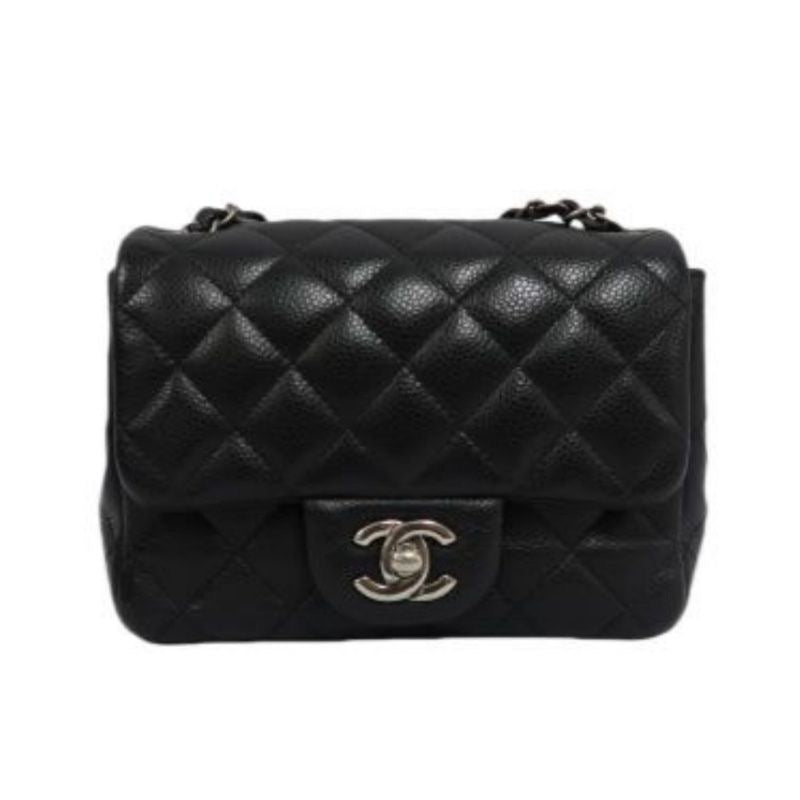 CHANEL Quilted Mini Square Flap Bag, Caviar Leather, Black, Silver-Tone Hardware, With Guarantee Card