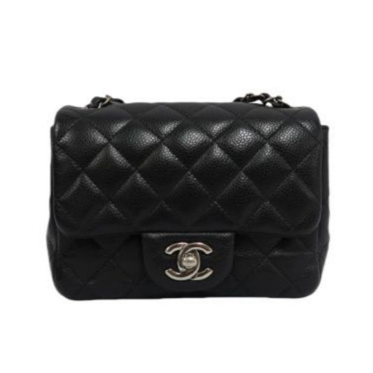 CHANEL Quilted Mini Square Flap Bag, Caviar Leather, Black, Silver-Tone Hardware, With Guarantee Card