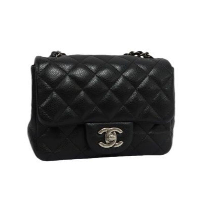 CHANEL Quilted Mini Square Flap Bag, Caviar Leather, Black, Silver-Tone Hardware, With Guarantee Card