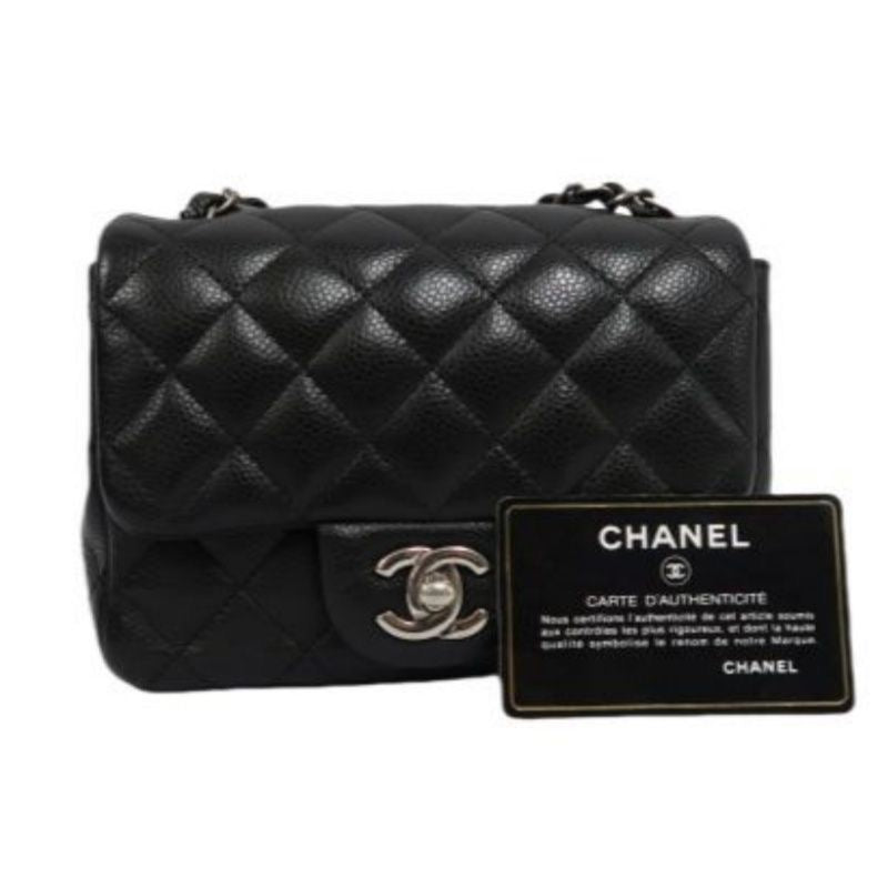 CHANEL Quilted Mini Square Flap Bag, Caviar Leather, Black, Silver-Tone Hardware, With Guarantee Card