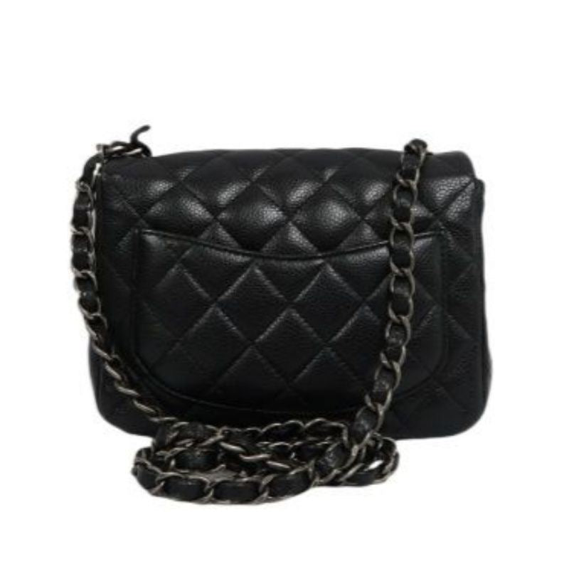 CHANEL Quilted Mini Square Flap Bag, Caviar Leather, Black, Silver-Tone Hardware, With Guarantee Card