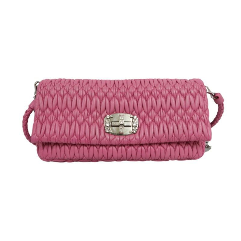 MIUMIU Coffer Matelassé Nappa Crystal Chain Shoulder Bag Clutch Bag Leather Pink Silver Hardware Pink PVC Coffer Pleated Crystal Chain Shoulder Bag