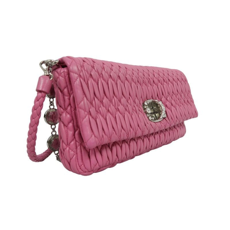 MIUMIU Coffer Matelassé Nappa Crystal Chain Shoulder Bag Clutch Bag Leather Pink Silver Hardware Pink PVC Coffer Pleated Crystal Chain Shoulder Bag