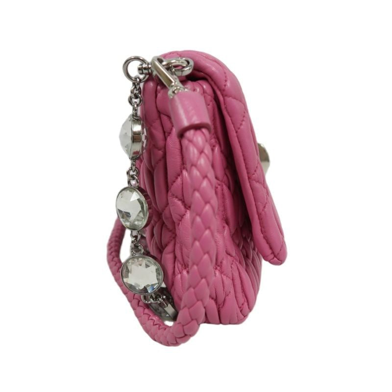 MIUMIU Coffer Matelassé Nappa Crystal Chain Shoulder Bag Clutch Bag Leather Pink Silver Hardware Pink PVC Coffer Pleated Crystal Chain Shoulder Bag