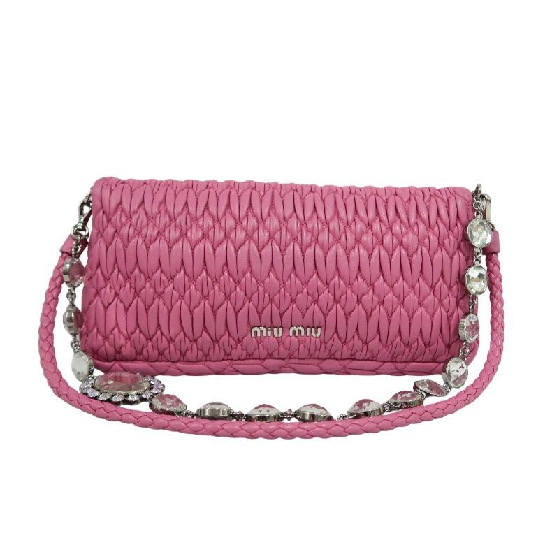 MIUMIU Coffer Matelassé Nappa Crystal Chain Shoulder Bag Clutch Bag Leather Pink Silver Hardware Pink PVC Coffer Pleated Crystal Chain Shoulder Bag