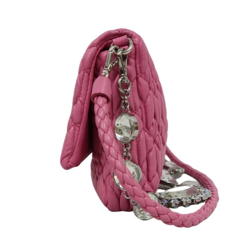 MIUMIU Coffer Matelassé Nappa Crystal Chain Shoulder Bag Clutch Bag Leather Pink Silver Hardware Pink PVC Coffer Pleated Crystal Chain Shoulder Bag