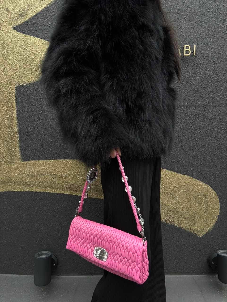 MIUMIU Coffer Matelassé Nappa Crystal Chain Shoulder Bag Clutch Bag Leather Pink Silver Hardware Pink PVC Coffer Pleated Crystal Chain Shoulder Bag