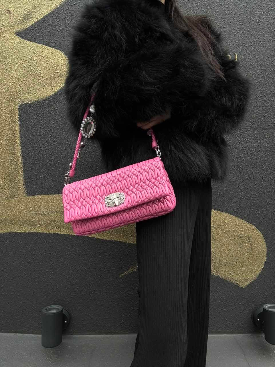 MIUMIU Coffer Matelassé Nappa Crystal Chain Shoulder Bag Clutch Bag Leather Pink Silver Hardware Pink PVC Coffer Pleated Crystal Chain Shoulder Bag