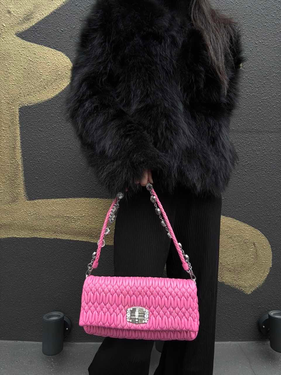MIUMIU Coffer Matelassé Nappa Crystal Chain Shoulder Bag Clutch Bag Leather Pink Silver Hardware Pink PVC Coffer Pleated Crystal Chain Shoulder Bag