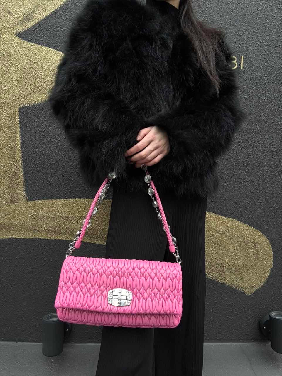 MIUMIU Coffer Matelassé Nappa Crystal Chain Shoulder Bag Clutch Bag Leather Pink Silver Hardware Pink PVC Coffer Pleated Crystal Chain Shoulder Bag