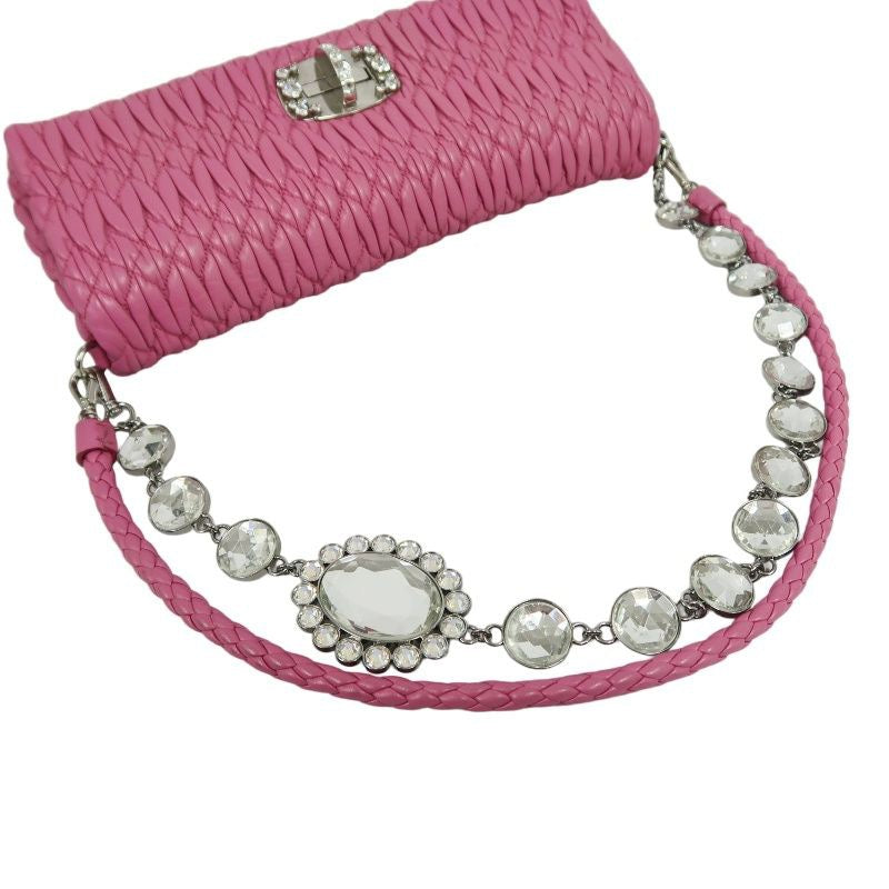 MIUMIU Coffer Matelassé Nappa Crystal Chain Shoulder Bag Clutch Bag Leather Pink Silver Hardware Pink PVC Coffer Pleated Crystal Chain Shoulder Bag