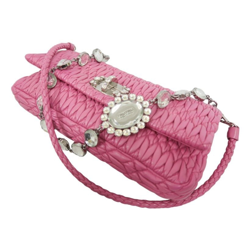 MIUMIU Coffer Matelassé Nappa Crystal Chain Shoulder Bag Clutch Bag Leather Pink Silver Hardware Pink PVC Coffer Pleated Crystal Chain Shoulder Bag