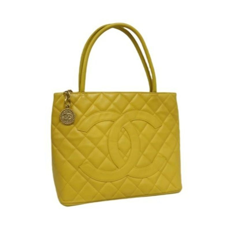 CHANEL Hilton Replica Tote Bag, Yellow Caviar Leather, Gold Hardware with Medallion