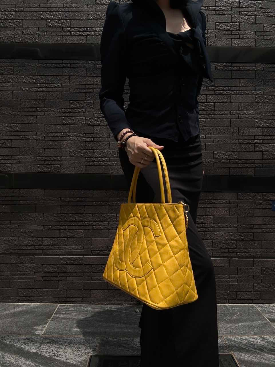 CHANEL Hilton Replica Tote Bag, Yellow Caviar Leather, Gold Hardware with Medallion