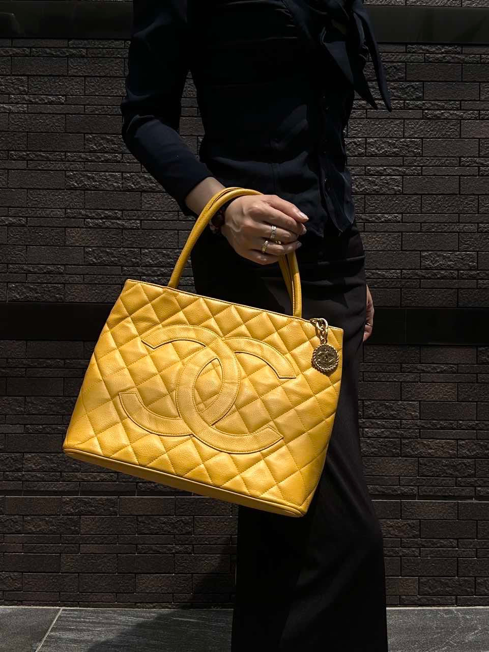 CHANEL Hilton Replica Tote Bag, Yellow Caviar Leather, Gold Hardware with Medallion