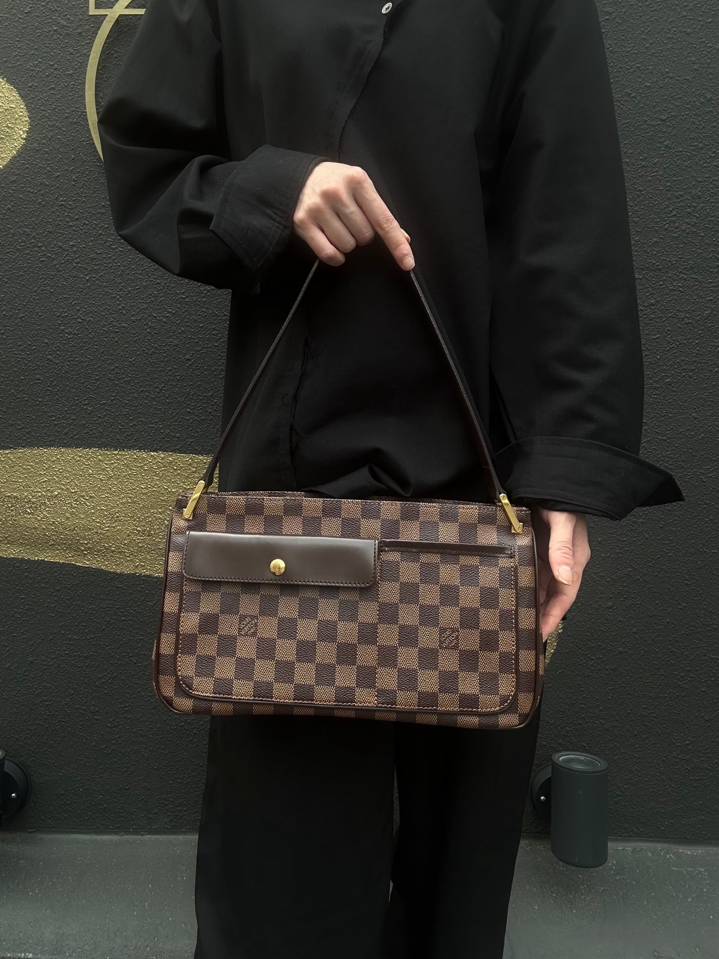 LOUIS VUITTON Vernis Damier Ebene Brown Handbag Gold Hardware LV Damier PVC Underarm Bag