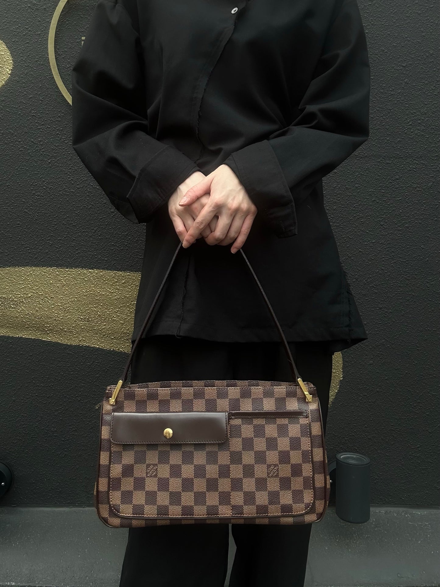 LOUIS VUITTON Vernis Damier Ebene Brown Handbag Gold Hardware LV Damier PVC Underarm Bag