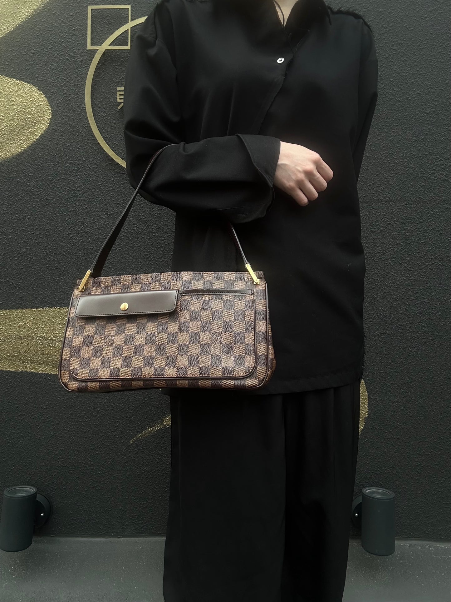 LOUIS VUITTON Vernis Damier Ebene Brown Handbag Gold Hardware LV Damier PVC Underarm Bag