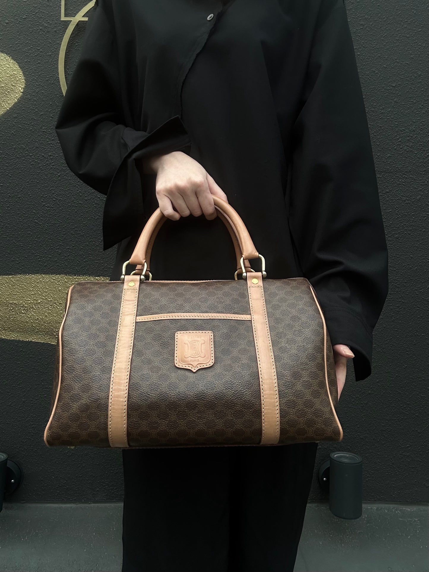 CELINE Macadam Monogram PVC Boston Handbag Brown with Gold Hardware