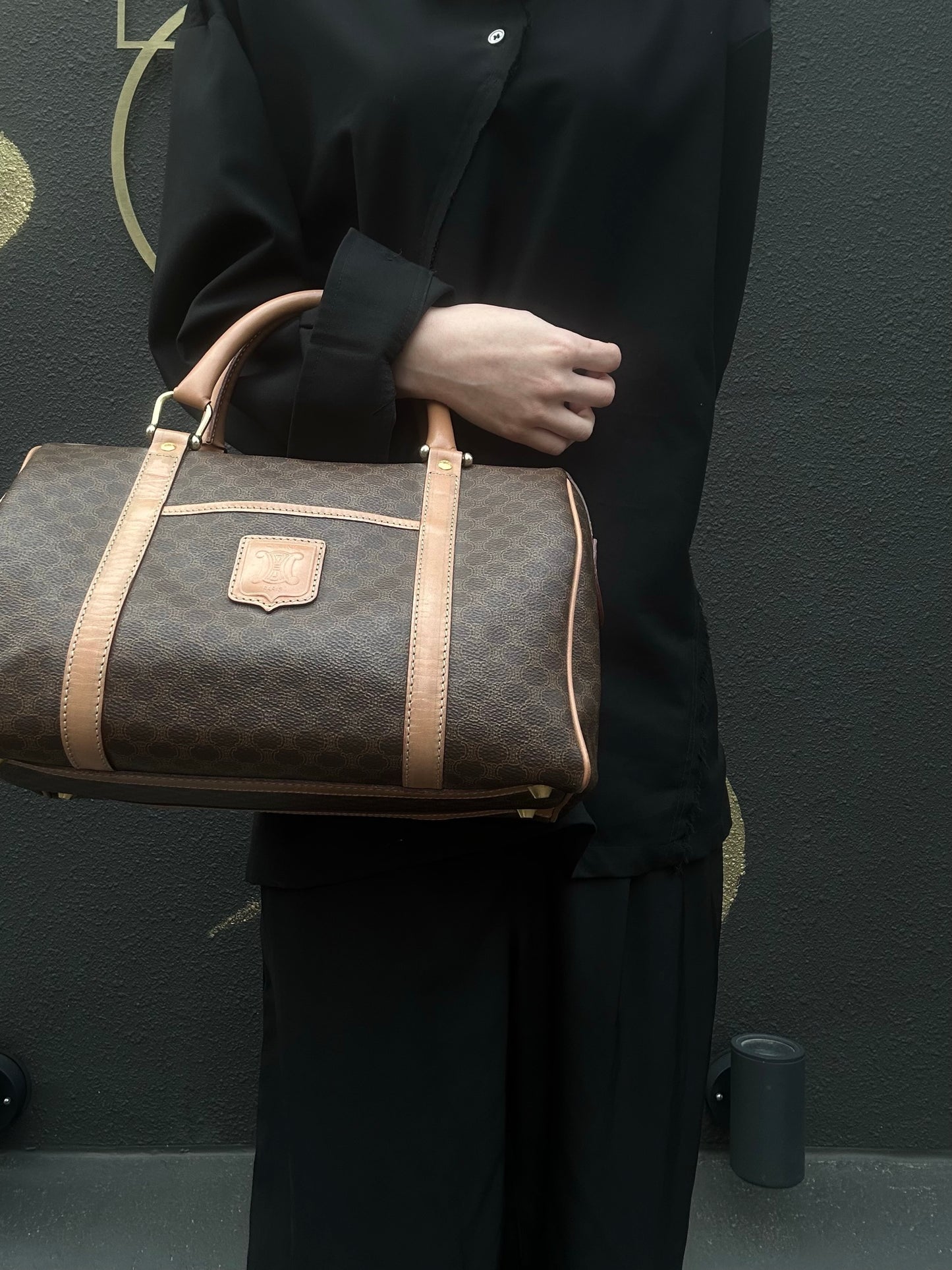 CELINE Macadam Monogram PVC Boston Handbag Brown with Gold Hardware