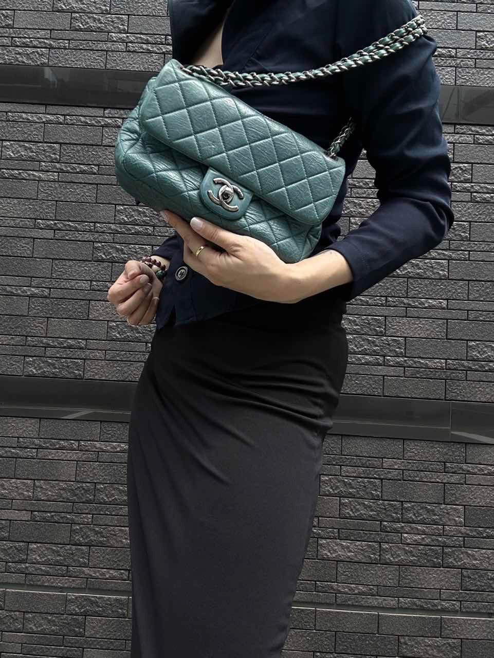 CHANEL Quilted Shoulder Bag, Waxed Leather, Blue, With Guarantee Card
