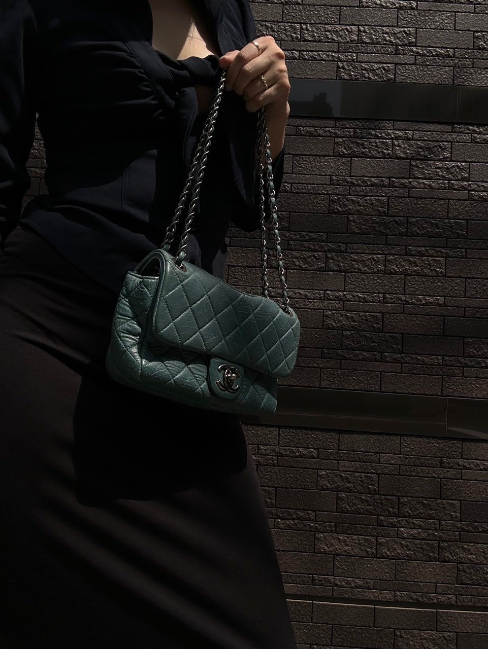 CHANEL Quilted Shoulder Bag, Waxed Leather, Blue, With Guarantee Card