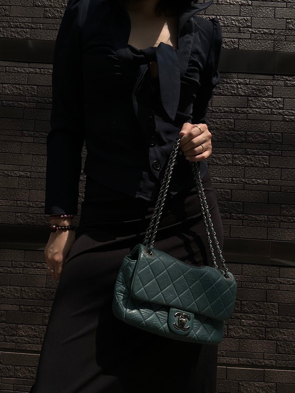 CHANEL Quilted Shoulder Bag, Waxed Leather, Blue, With Guarantee Card