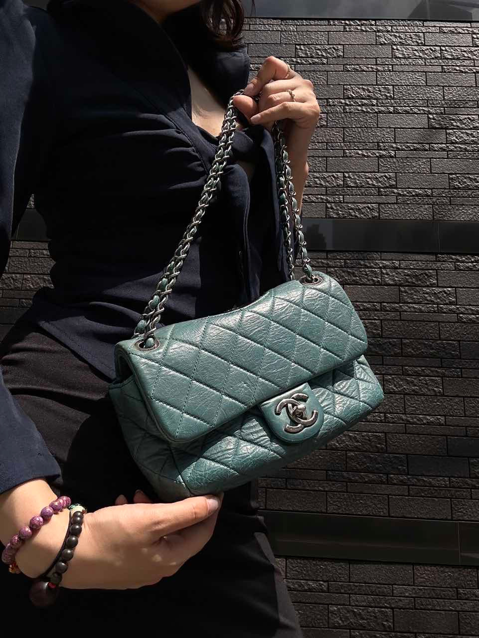CHANEL Quilted Shoulder Bag, Waxed Leather, Blue, With Guarantee Card