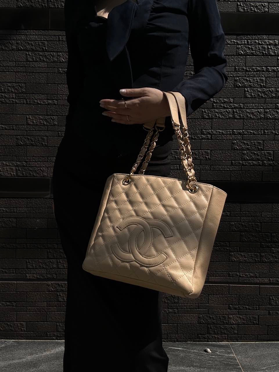 CHANEL Caviar Leather GST Tote Bag, Milk Tea Beige with Gold-Tone Hardware