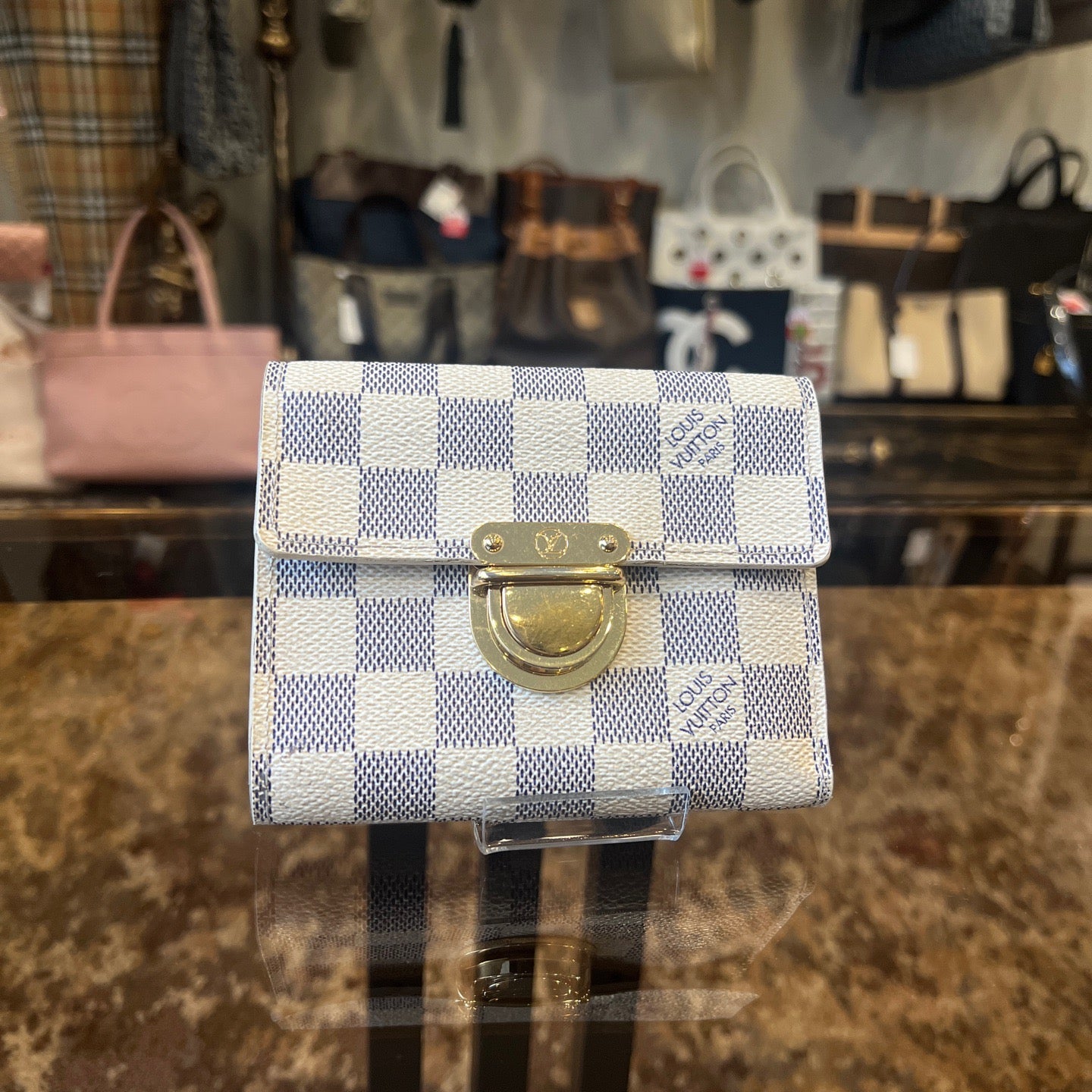 LOUIS VUITTON Portefeuille Koala Wallet, Damier Azur, White, Gold Hardware, With Initials Engraving, Box & Dust Bag